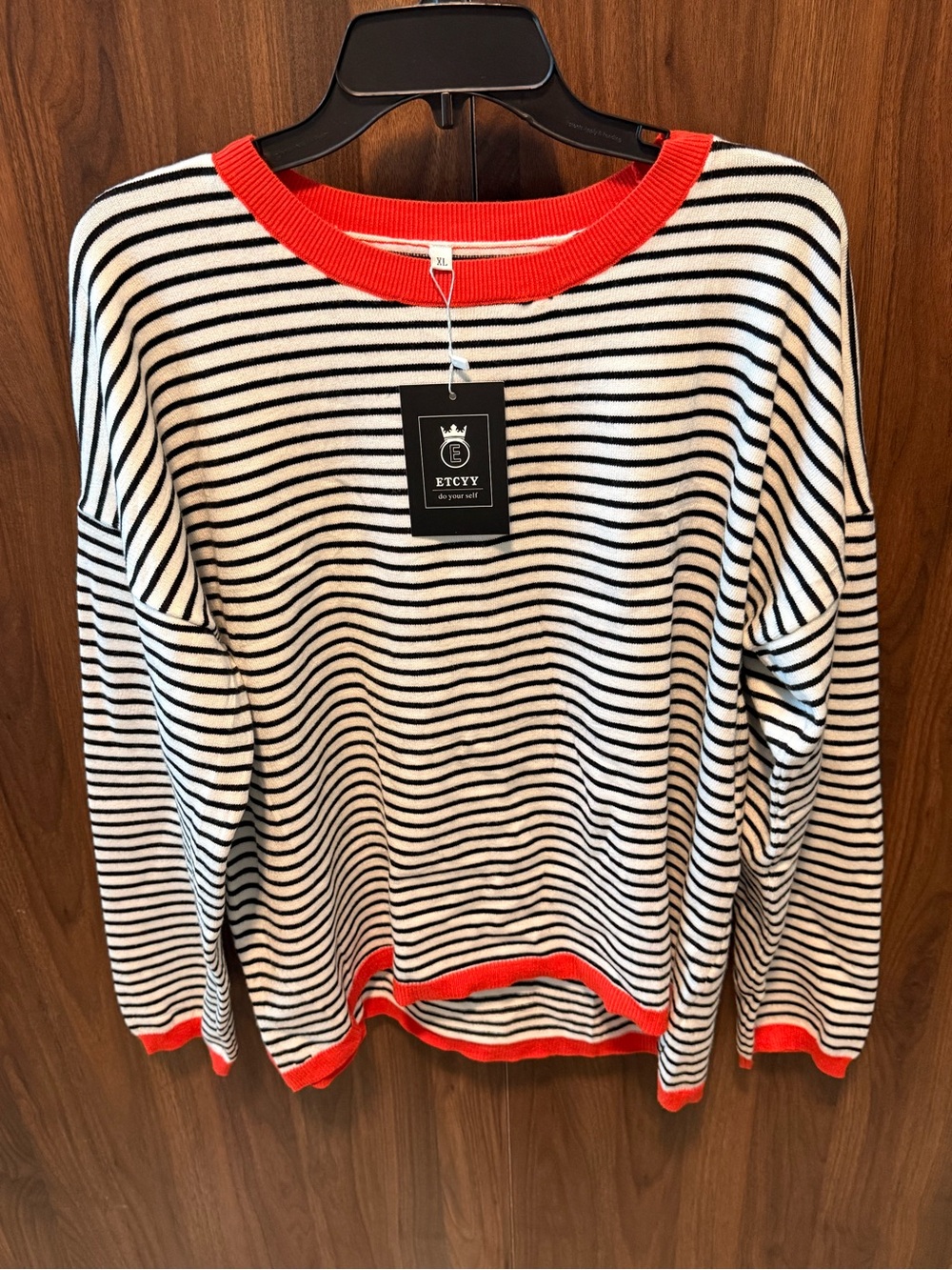 NWT ETCYY Black & White Striped Sweater with Red Trim, Size XL